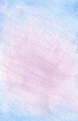 Watercolor illustration of  blue sky with pink misty clouds. Beautiful pastel sky with clouds. Hand-drawn high resolution art. Astract background.