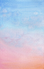 Watercolor illustration of sunset or sunrise blue, pink and orange sky. Beautiful bright sky with clouds. Hand-drawn high resolution art. 