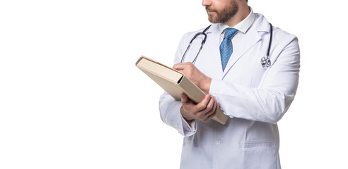 General practitioner making clinical notes. Practitioner man crop view. Professional practitioner