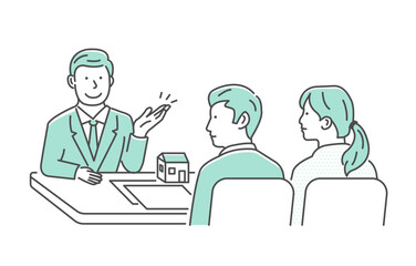 Vector illustration of a meeting between a house designer and a customer (couple)