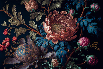 beautiful fantasy vintage wallpaper botanical flower bunch,vintage motif for floral print digital background.generative ai. - obrazy, fototapety, plakaty