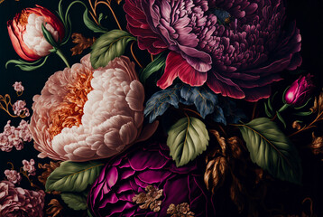 beautiful fantasy vintage wallpaper botanical flower bunch,vintage motif for floral print digital background.generative ai. - obrazy, fototapety, plakaty