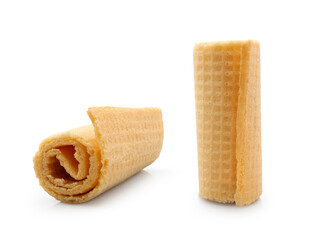 Two sweet crispy wafer rolls isolated on white background
