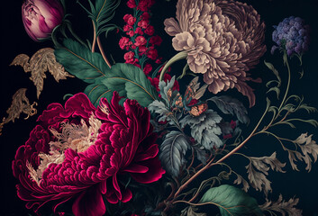 beautiful fantasy vintage wallpaper botanical flower bunch,vintage motif for floral print digital background.generative ai.