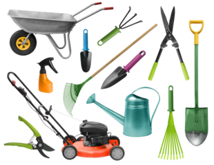 Essential realistic gardening tools colorful set isolated