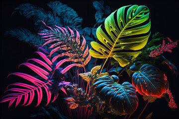 Colorful tropical plants and leaves isolated in front of black background. Generative AI.