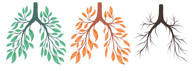 Vector set of human lungs from green and orange leaves and branches. Withering health. Old human organ. Earth seasons.