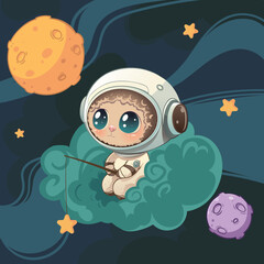 Lamb in space catching stars. Cute vector illustration for your projects. 