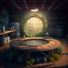Interior of the rustic futuristic kitchen using hydroponics and indoor floating garden for growing plants without soil. Concept for future home designs and climate change. Generative AI. 