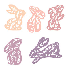 Vector set of decorated rabbits in various poses. Folk art hares in pastel colors isolated from background. Ornamental animals