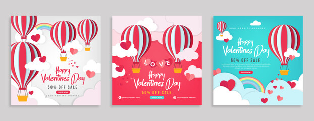 Valentine's day sale marketing social media post template. Business promotion banner or flyer with realistic cloud, heart or love balloon. Valentine day celebration web poster background decoration.