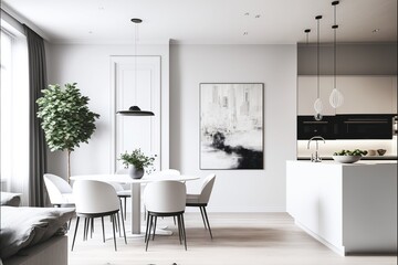 Luxurious contemporary black and white living room with kitchen design. Generative ai