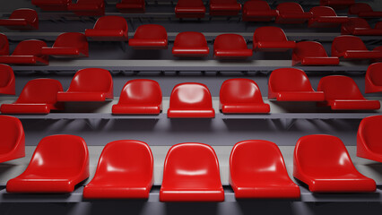 Stadium or venue tier with red plastic seats rised up randomly. 3D rendering.