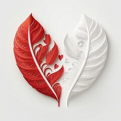 Creative Two Paper Feathers Heart Shape In White And Red Color.