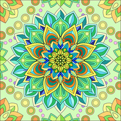 Mandala with a pattern of flower shapes with a mix of colors, yellow, green and blue 