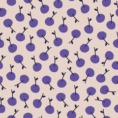 Violet cherry hand drawn vector illustration. Vintage berries in flat style seamless pattern for textile, fabric or wallpaper.