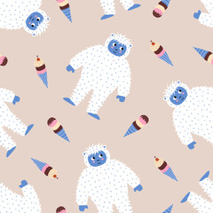 Funny baby yeti and ice cream hand drawn vector illustration. Cute big foot character in flat style seamless pattern for kids fabric or wallpaper.