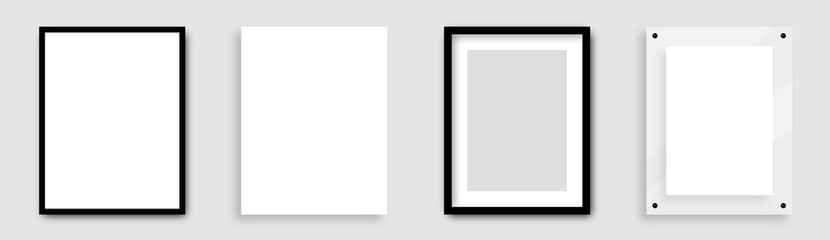 White blank poster collection. Blank poster in 3d realistic glass frame. A4 paper page, sheet on wall. Vector white posters with shadow. Empty photo frame . Vector mockup. Vector illustration