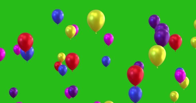 Multicolored Helium Balloons Flying from Bottom to top Isolated on Green Screen Background,4K Video Element