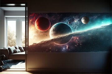 Space scene with planets, stars and galaxies. Panorama. Horizontal view for a glass panels. Generative AI