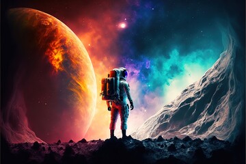 Space background. Astronaut standing on moon surface with earth planet and colorful nebula. Generative AI