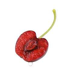 half ripe red cherry with  juice dripping isolated on transparent png