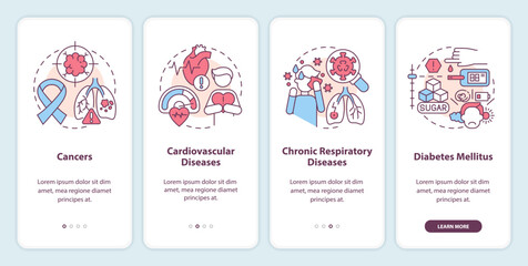 Chronic diseases major groups onboarding mobile app screen. Walkthrough 4 steps editable graphic instructions with linear concepts. UI, UX, GUI template. Myriad Pro-Bold, Regular fonts used