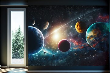Space scene with planets, stars and galaxies. Panorama. Horizontal view for a glass panels. Generative AI
