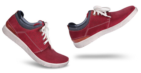 Stylish casual red suede shoes walking forward, isolated, minimum multiply drop shadow