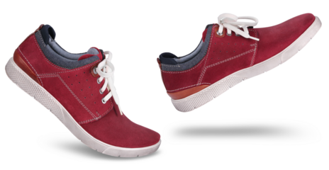 Stylish casual red suede shoes walking forward, isolated, minimum multiply drop shadow