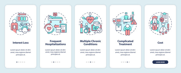Chronic care management challenges onboarding mobile app screen. Walkthrough 5 steps editable graphic instructions with linear concepts. UI, UX, GUI template. Myriad Pro-Bold, Regular fonts used