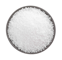 Bowl with natural sea salt isolated on white, top view