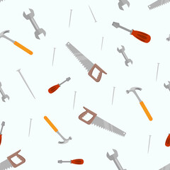 Home repair, renovation and construction tools seamless pattern. Vector flat background of handyman work tools, carpentry hammer, nails, screwdriver, wrench, hand saw