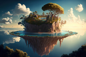 sky fantasy island, floating island with pools and trees, fairy tale, art illustration