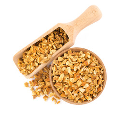 Bowl and scoop with dried orange zest seasoning isolated on white, top view