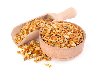 Bowl and scoop with dried orange zest seasoning isolated on white