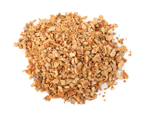Fototapeta premium Pile of dried orange zest seasoning isolated on white, top view