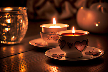 Obraz na płótnie Canvas Tea Light Candles On Table For Romantic