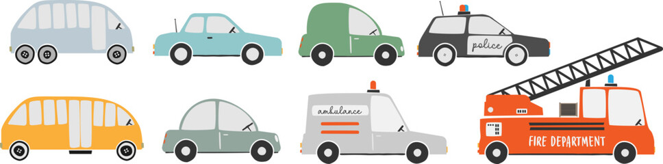 collection of motorized vehicles, scandinavian style vector illustration for children