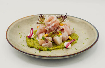 Plato gourmet de ceviche de corvina y cebolla roja