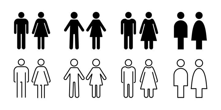 男女のトイレマーク、男の子と女の子の線画アイコン、ベクターイラスト白黒素材セット