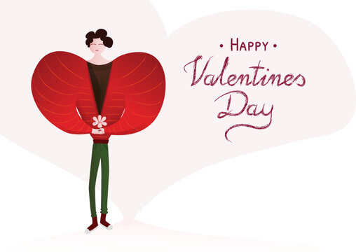 Valentines day greeting  card. Heart shaped  men's arm character  with flower in hand. Love, romance card.

