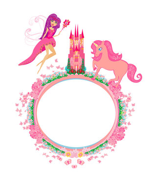 Fairytale frame with castle and unicorns