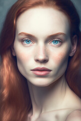 Fototapeta na wymiar Generative ai portrait beautiful young ginger woman with blue eyes looking camera serene and confident