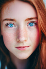 Generative ai portrait beautiful young ginger woman with blue eyes looking camera serene and confident