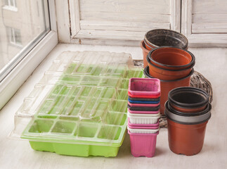 Mini greenhouse and pots for seedlings.