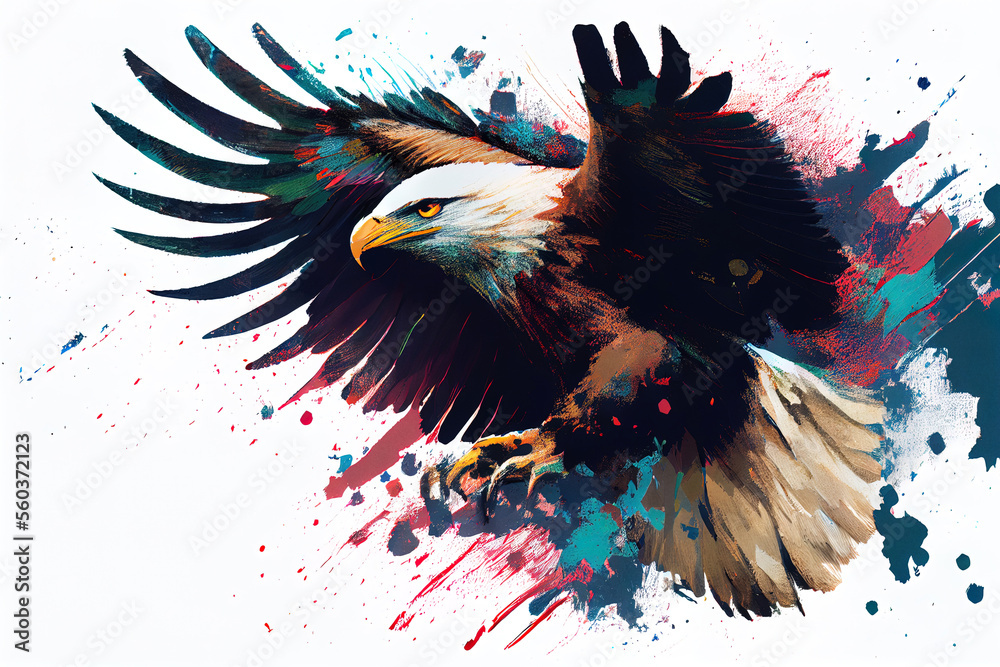 Poster angry flying eagle on white background. watercolour brush strokes artistic technique. digitally gene