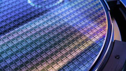 Macro Shot of Computer Chips on Silicon Wafer during Semiconductor Manufacturing at Fab or Foundry....