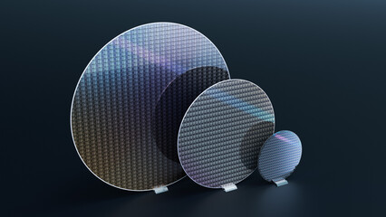 Set of Three Silicon Wafers of Different Sizes for Semiconductor Production, 300mm, 200mm and 100mm, on Dark Background - obrazy, fototapety, plakaty