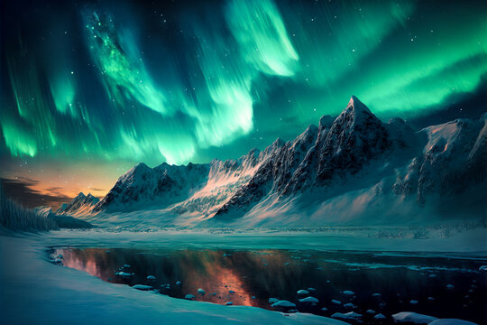 Aurora polar lights with snowy mountain landscape. Generative AI.